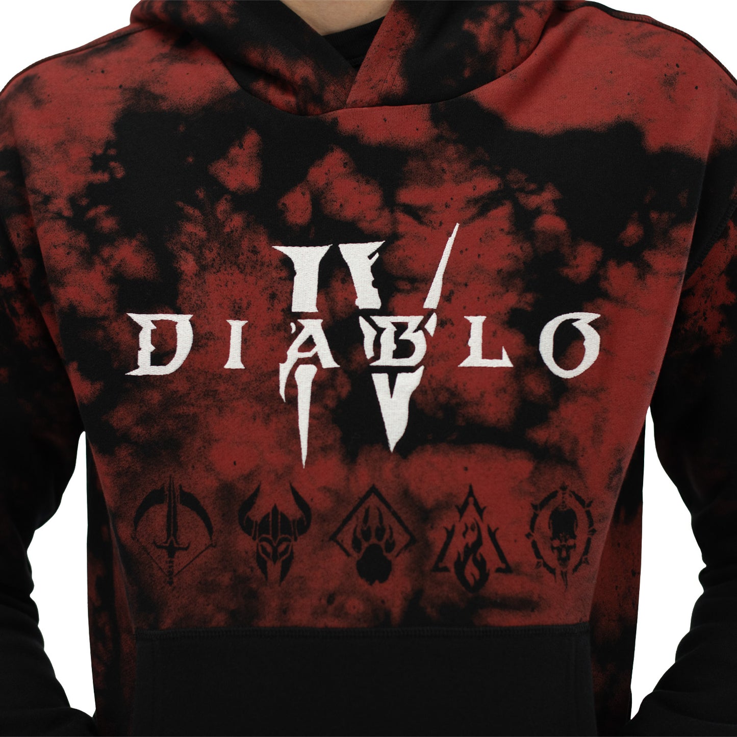 Diablo IV Black Tie-Dye Pullover Hoodie - Front fermer Up View on Model