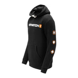 Overwatch 2 Heavy Weight Patch Black Pullover Hoodie - Side View with Designs on Sleeve