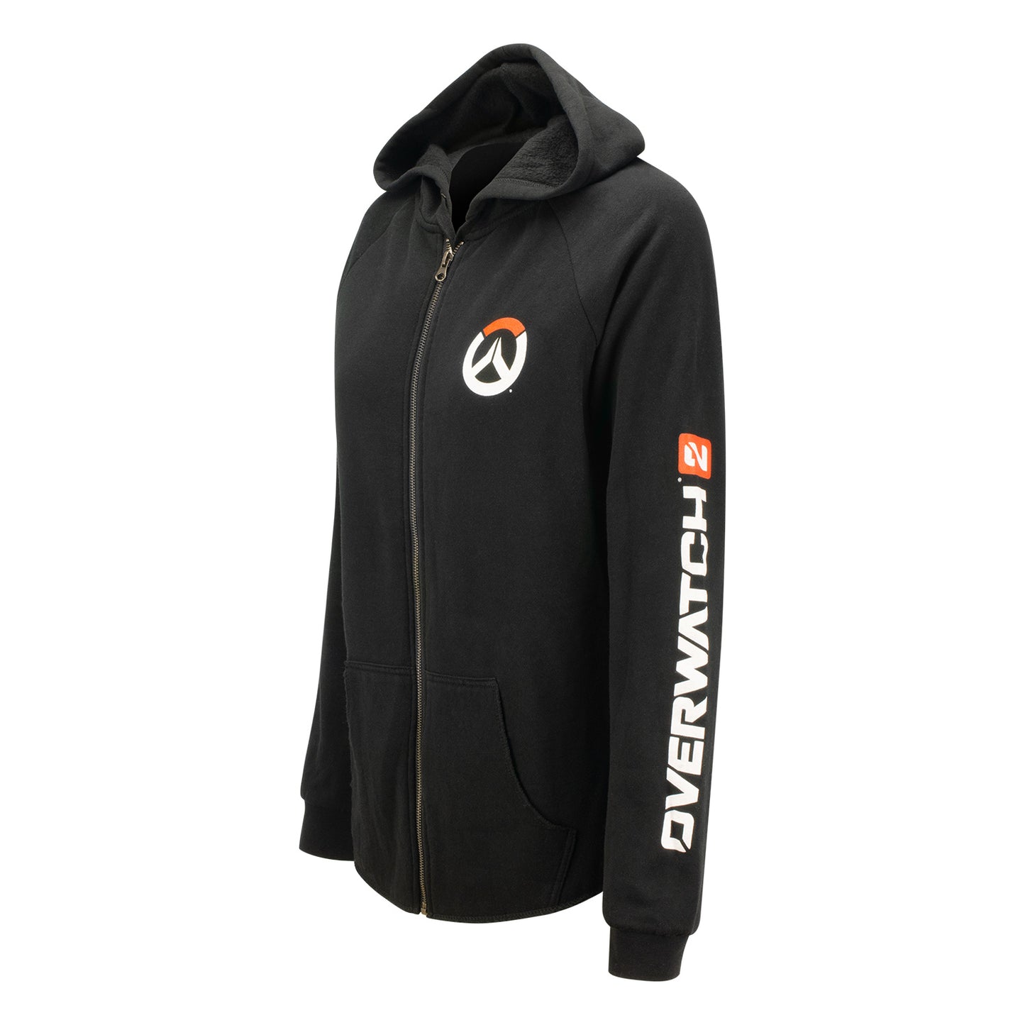 Overwatch 2 Women's Black Full-Zip Hoodie - Side View with Overwatch Logo on Sleeve