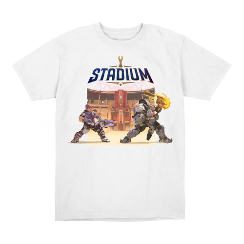 Estadio Overwatch Zarya vs Reinhardt camisa - Vista Frontal Versión Blanca