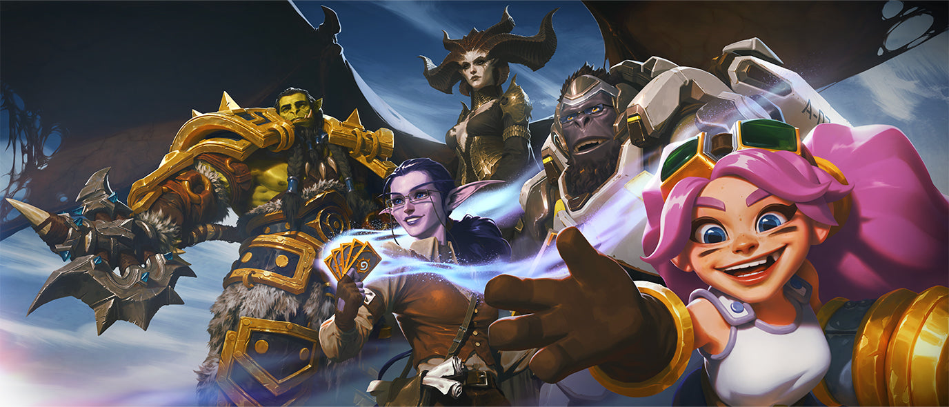 Produits de la boutique officielle Blizzard Gear : image stylisée d'une collection de personnages Blizzard de World of Warcraft, Diablo, Overwatch et plus encore.