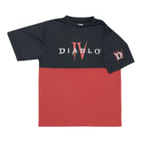 Diablo IV Logo T-Shirt rouge à bandes colorées - Vue de face avec motifs sur les manches