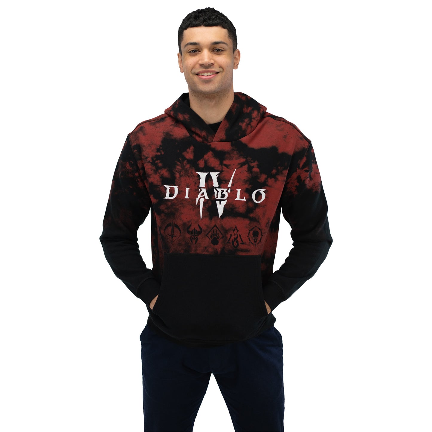 Diablo IV Black Tie-Dye Pullover Hoodie - Vue de face sur le modèle