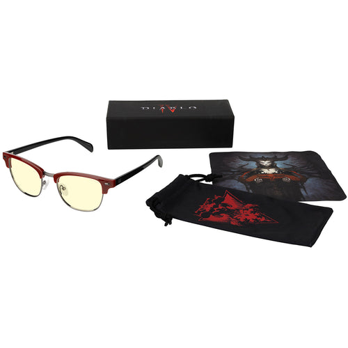Lunettes anti-lumière bleue Gunnar Sanctuaire Diablo IV - Vue de face avec l'emballage 