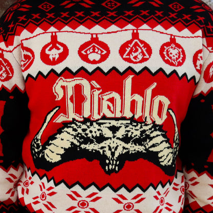 Diablo Skull Holiday Sweater - Front Model Close-Up View
