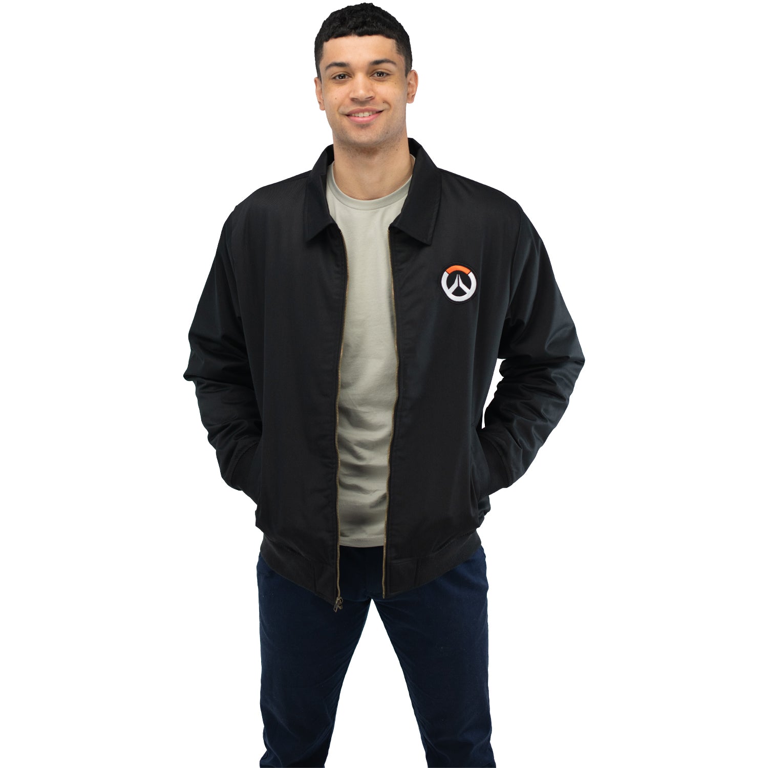 Overwatch 2 Black Zip-Up Work Jacket - Front View on Model