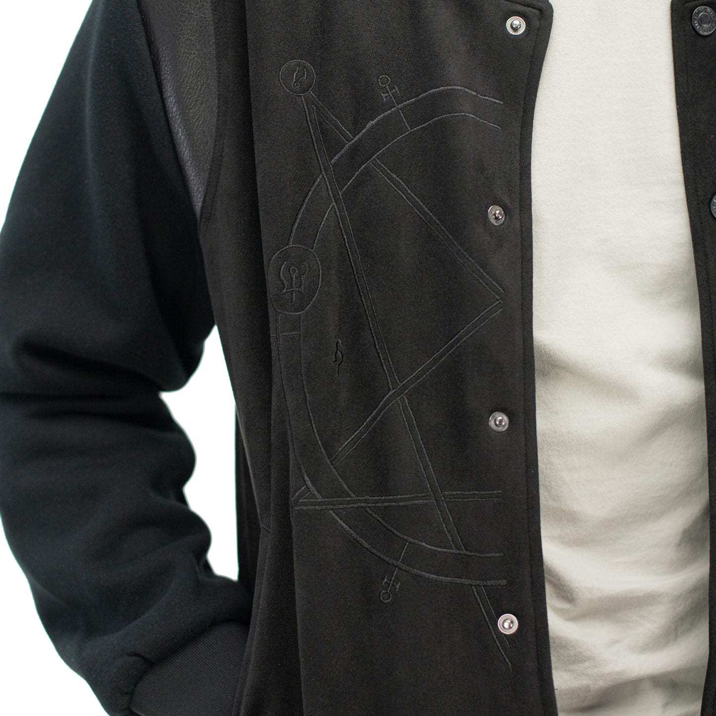 Diablo IV Black Button-Up Bomber Jacket - Close Up View on Model