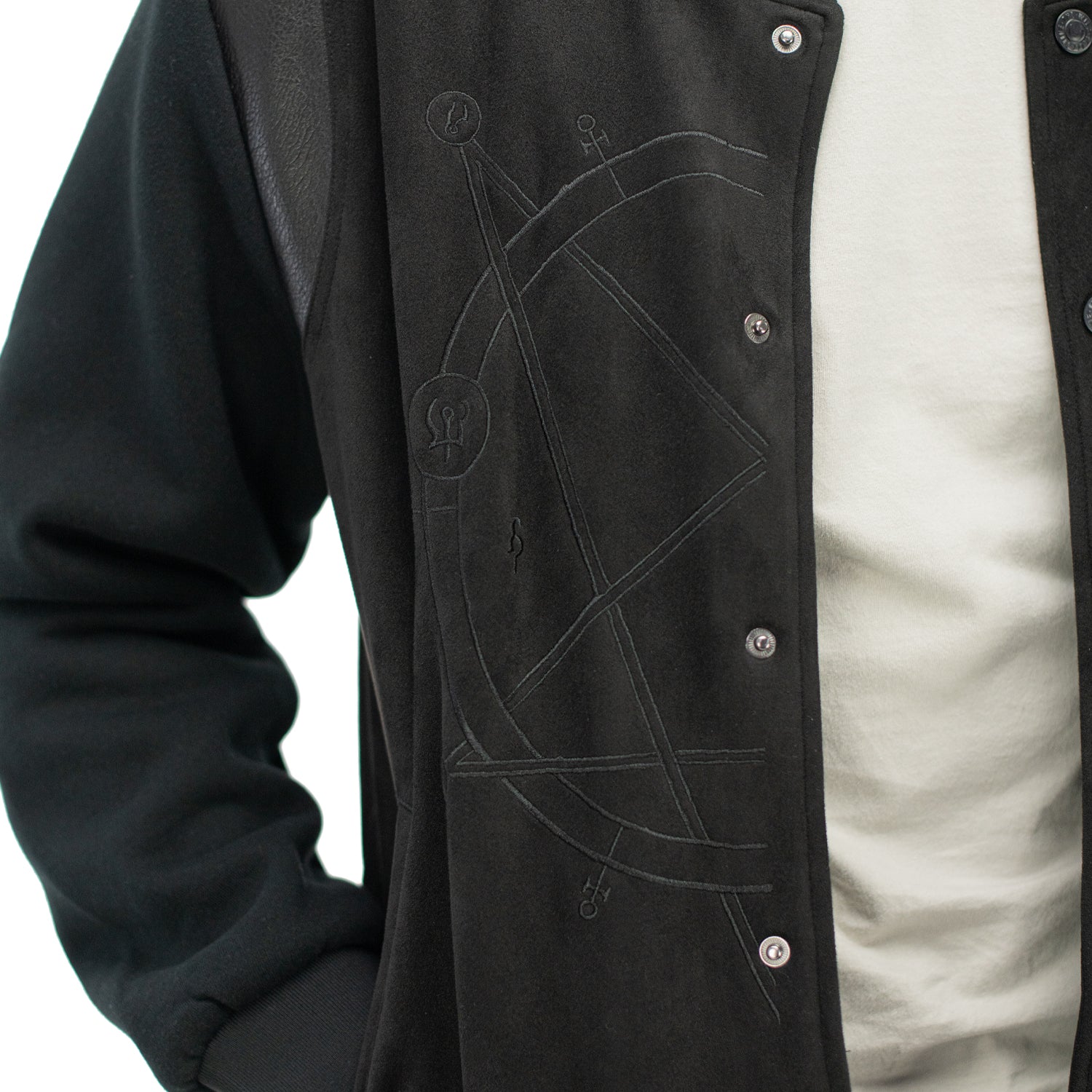 Diablo IV Black Button-Up Bomber Jacket - Close Up View on Model