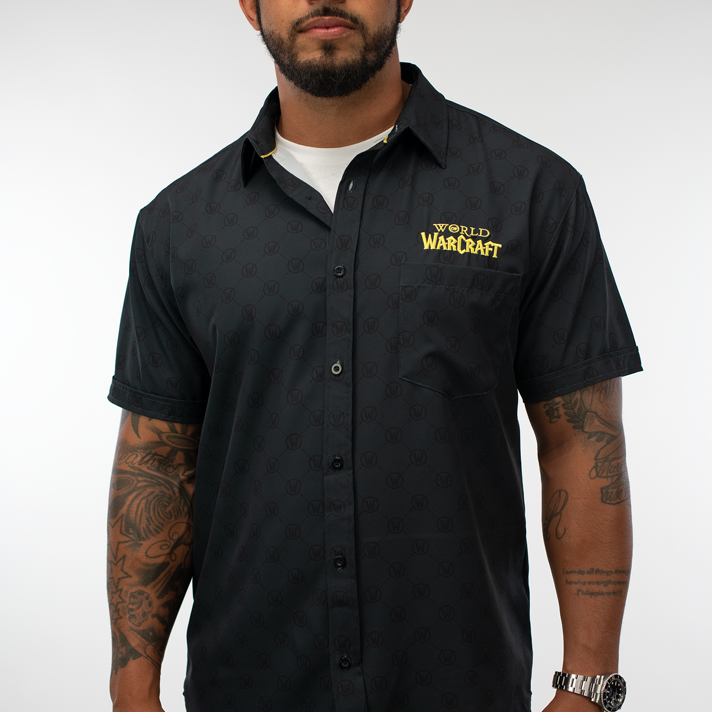 World of Warcraft Button-Up Grey Shirt - Model Close-Up View