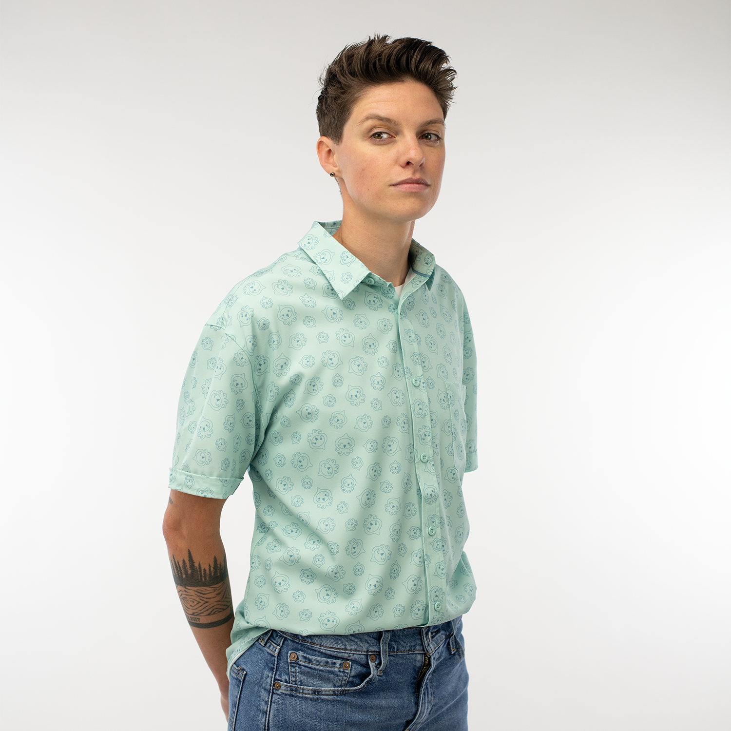 Overwatch Pachimari Button-Up Blue Shirt - Model Front View