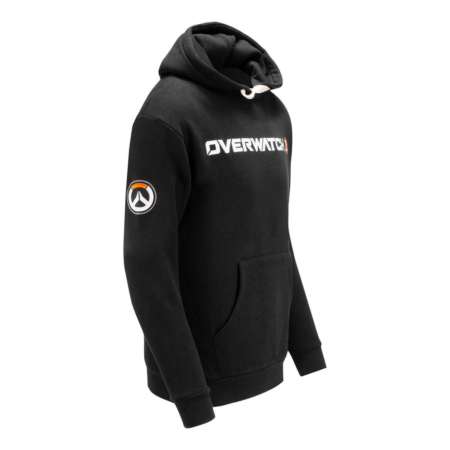 Overwatch 2 Heavy Weight Patch Pullover Black Hoodie - Side View with Overwatch Logo on Sleeve