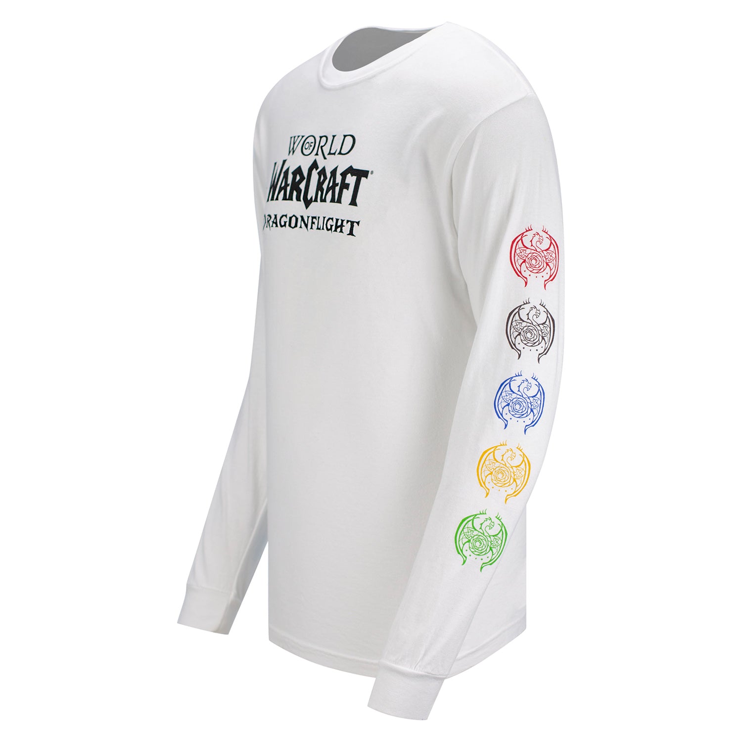 World of Warcraft Dragonflight White Long Sleeve T-Shirt - Front Side View with Multi-Color Dragonflight Logos